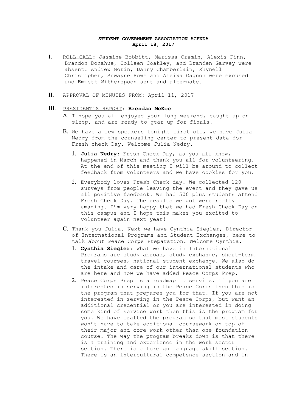 Student Government Association Agenda