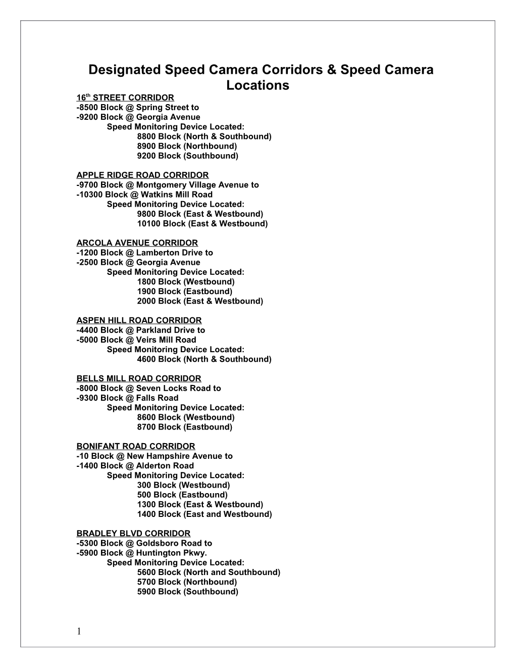 Designated Speed Camera Corridors & Speed Camera Locations