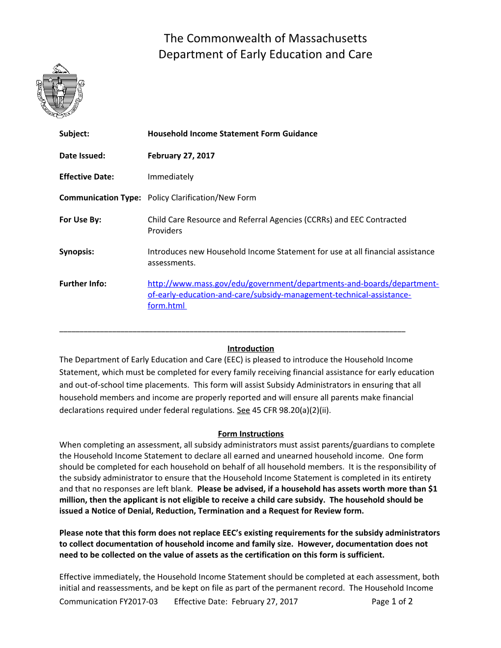 Subject:Household Income Statement Form Guidance