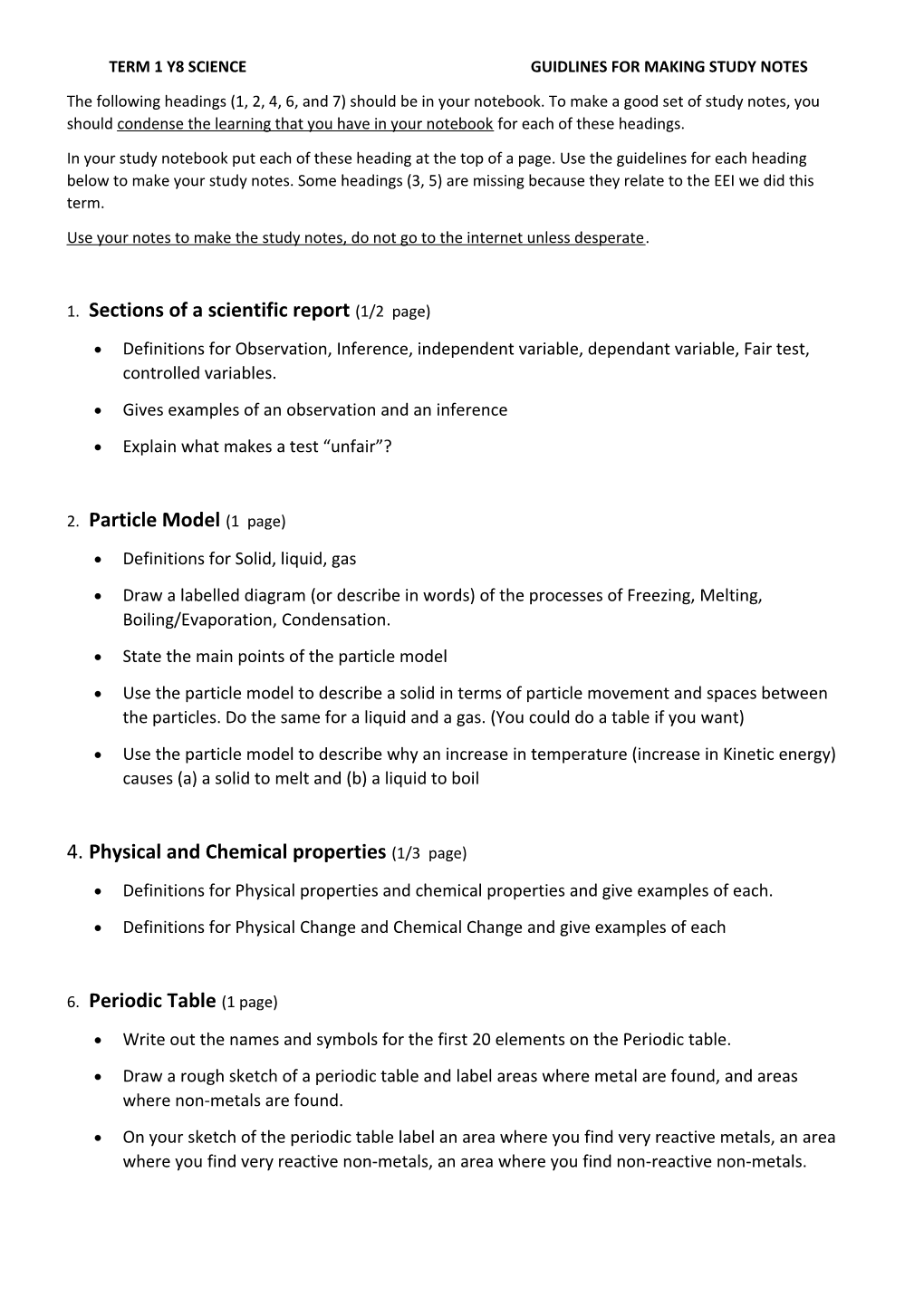 Term 1 Y8 Science Guidlines for Making Study Notes