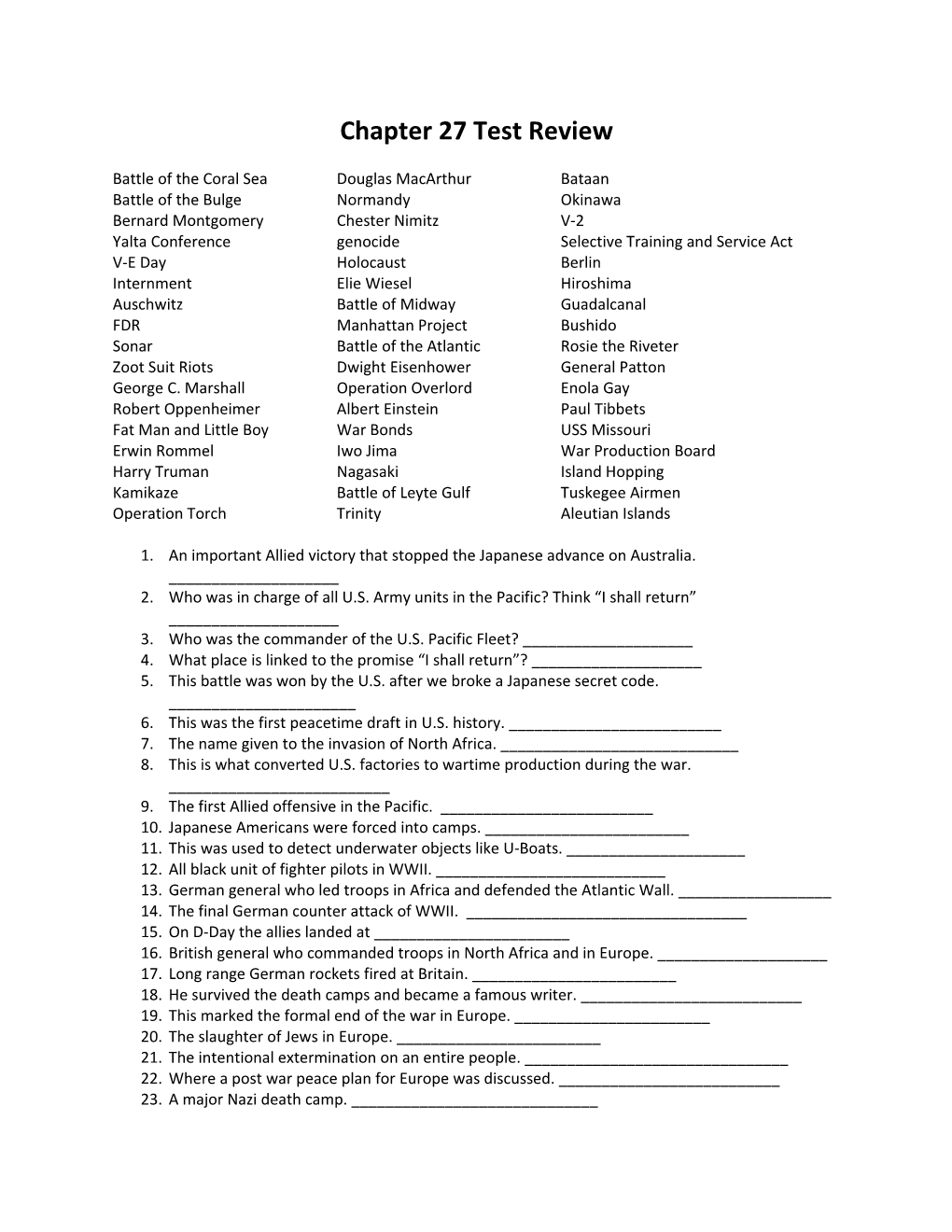 Chapter 27 Test Review