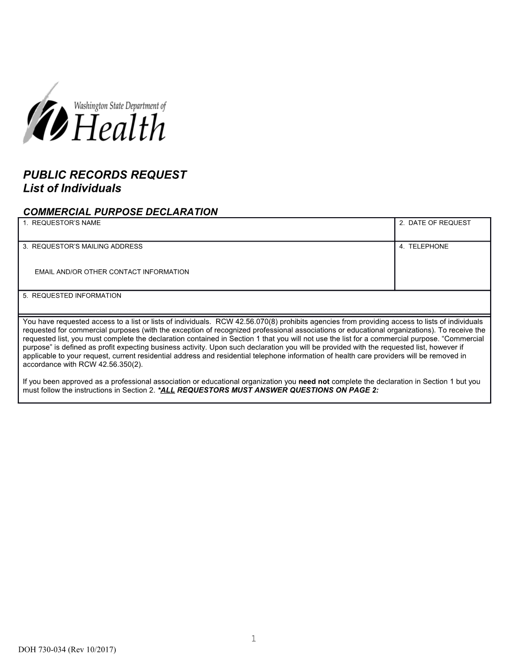 Commercial Purposes Declaration Form