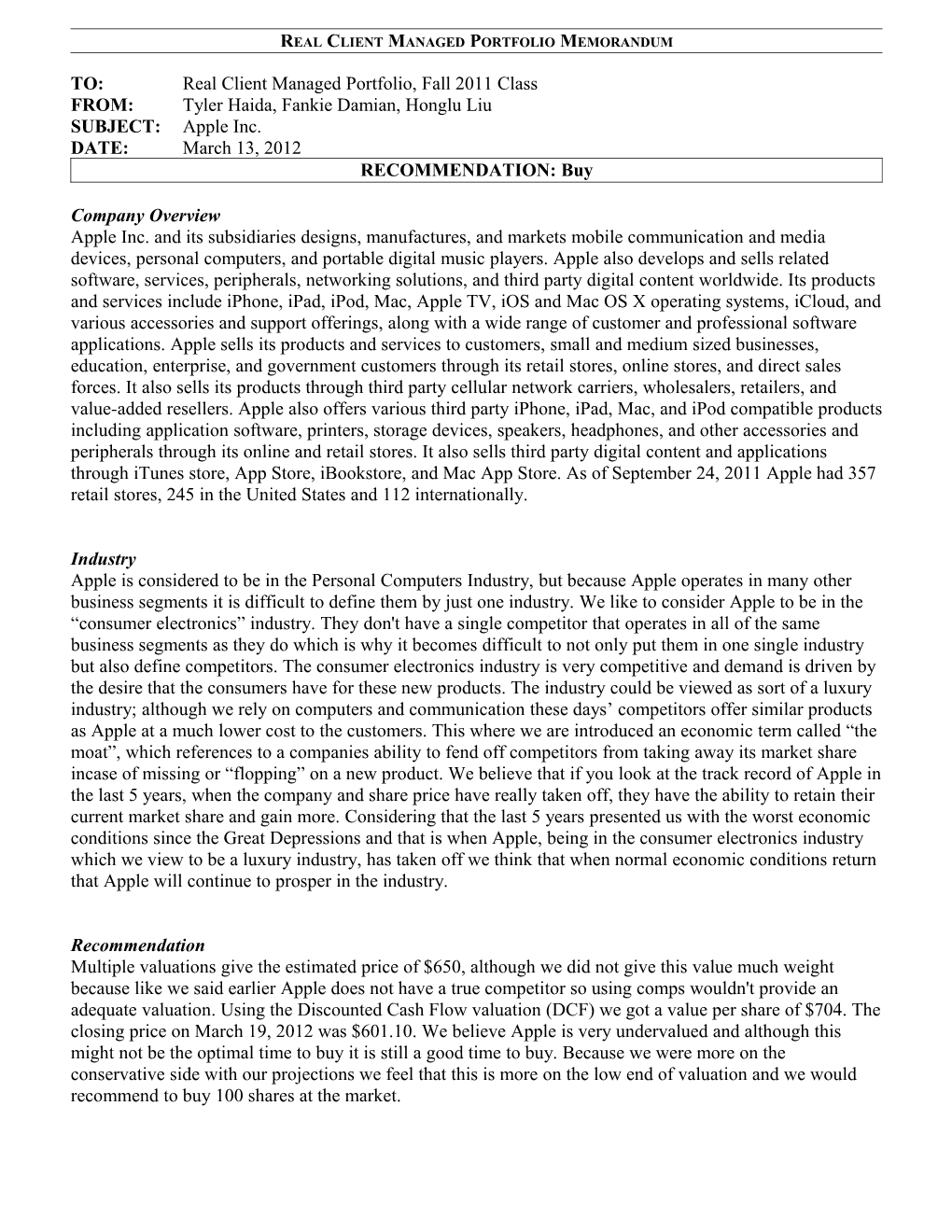 Real Client Managed Portfolio Memorandum s1