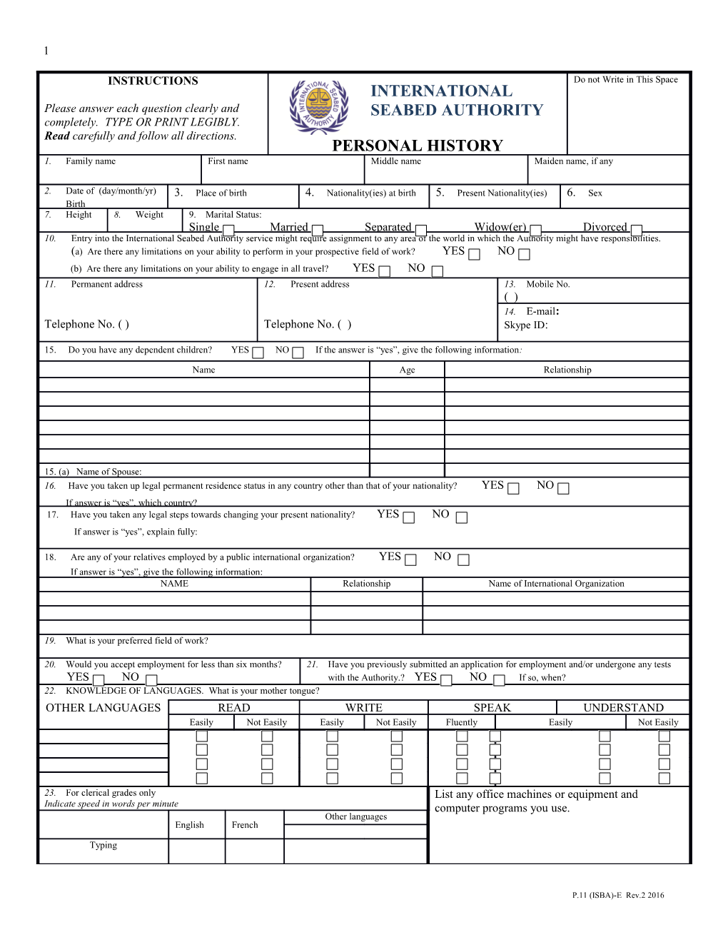 UN Personal History Form PHP P11