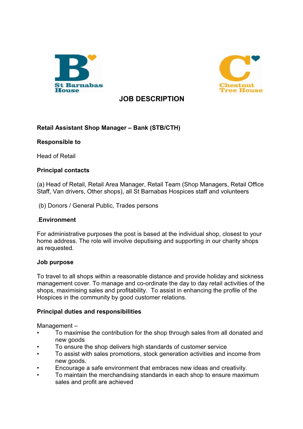 Retail Assistant Shop Manager Bank (STB/CTH)