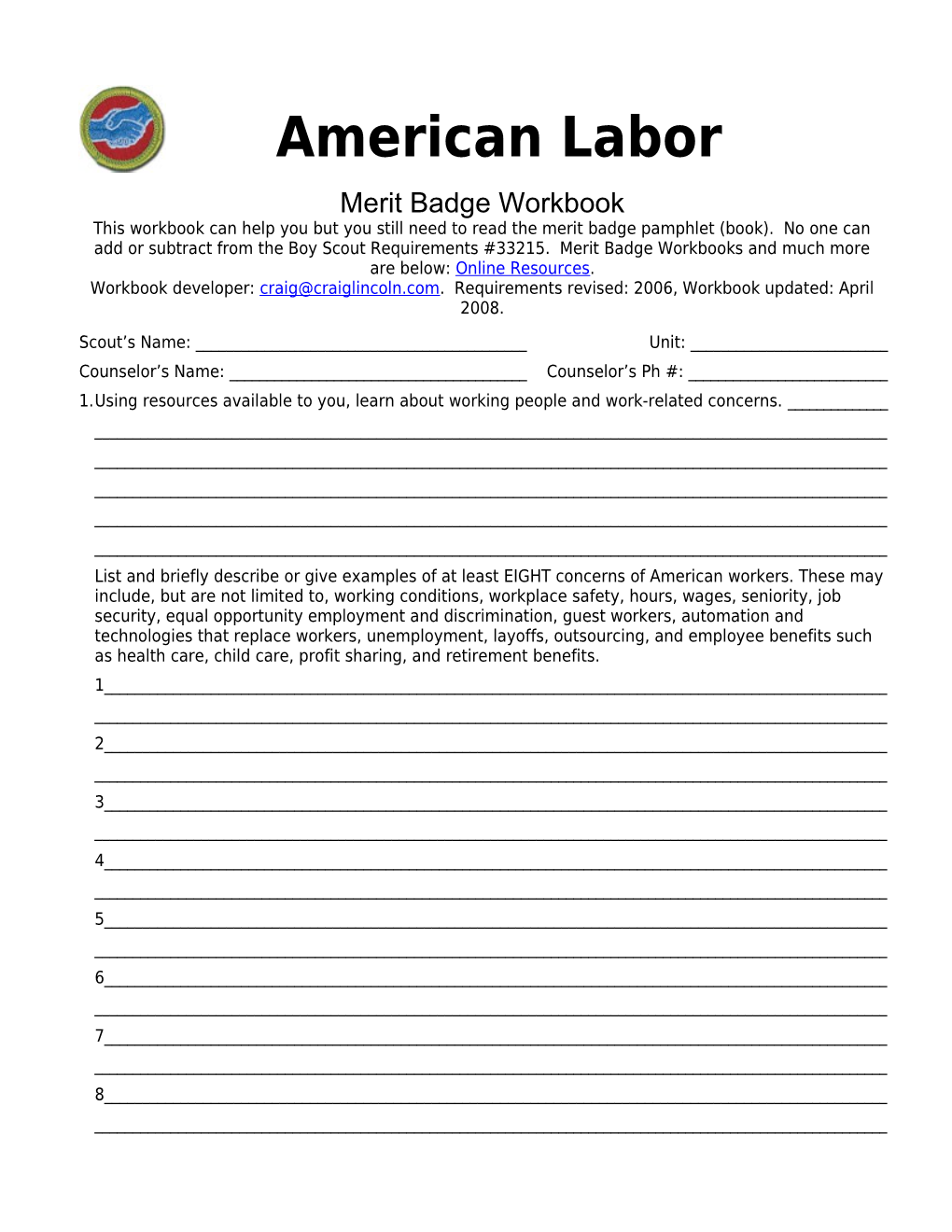 American Labor P. 5 Merit Badge Workbook Scout's Name: ______