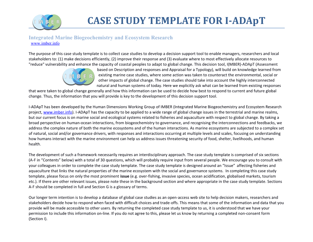 TEMPLATE for IMBER-Adapt CASE STUDIES1