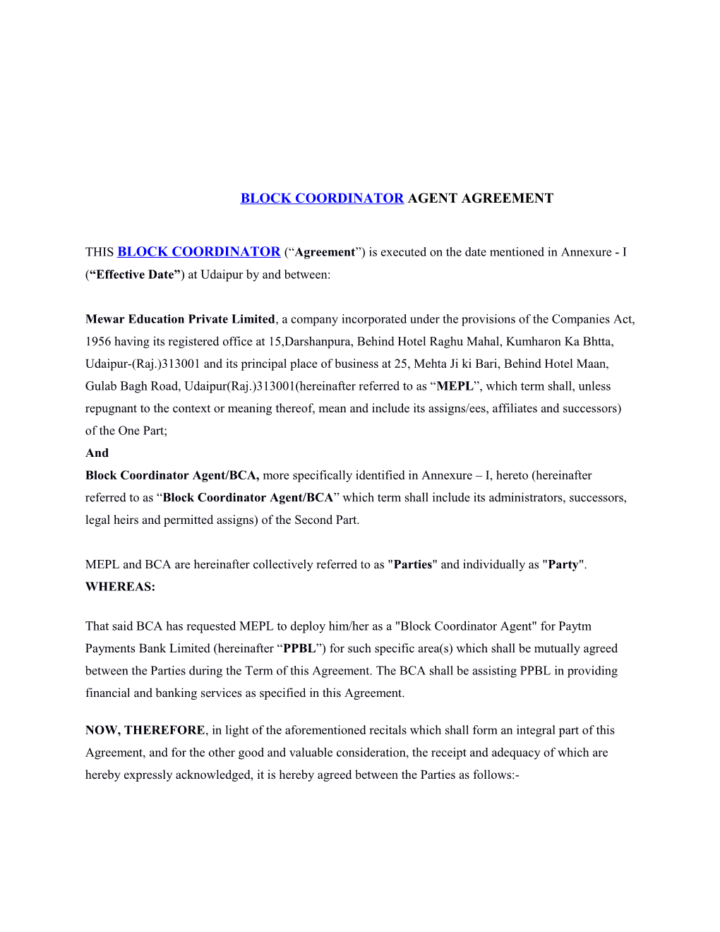 Blockcoordinator Agent Agreement