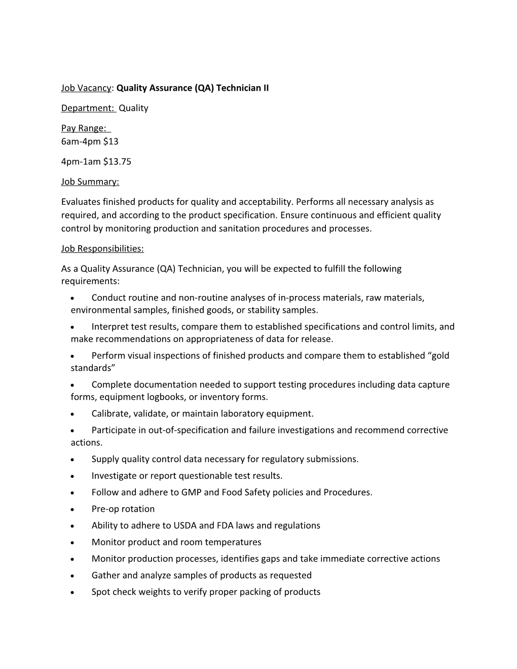 Job Vacancy: Quality Assurance (QA) Technician II