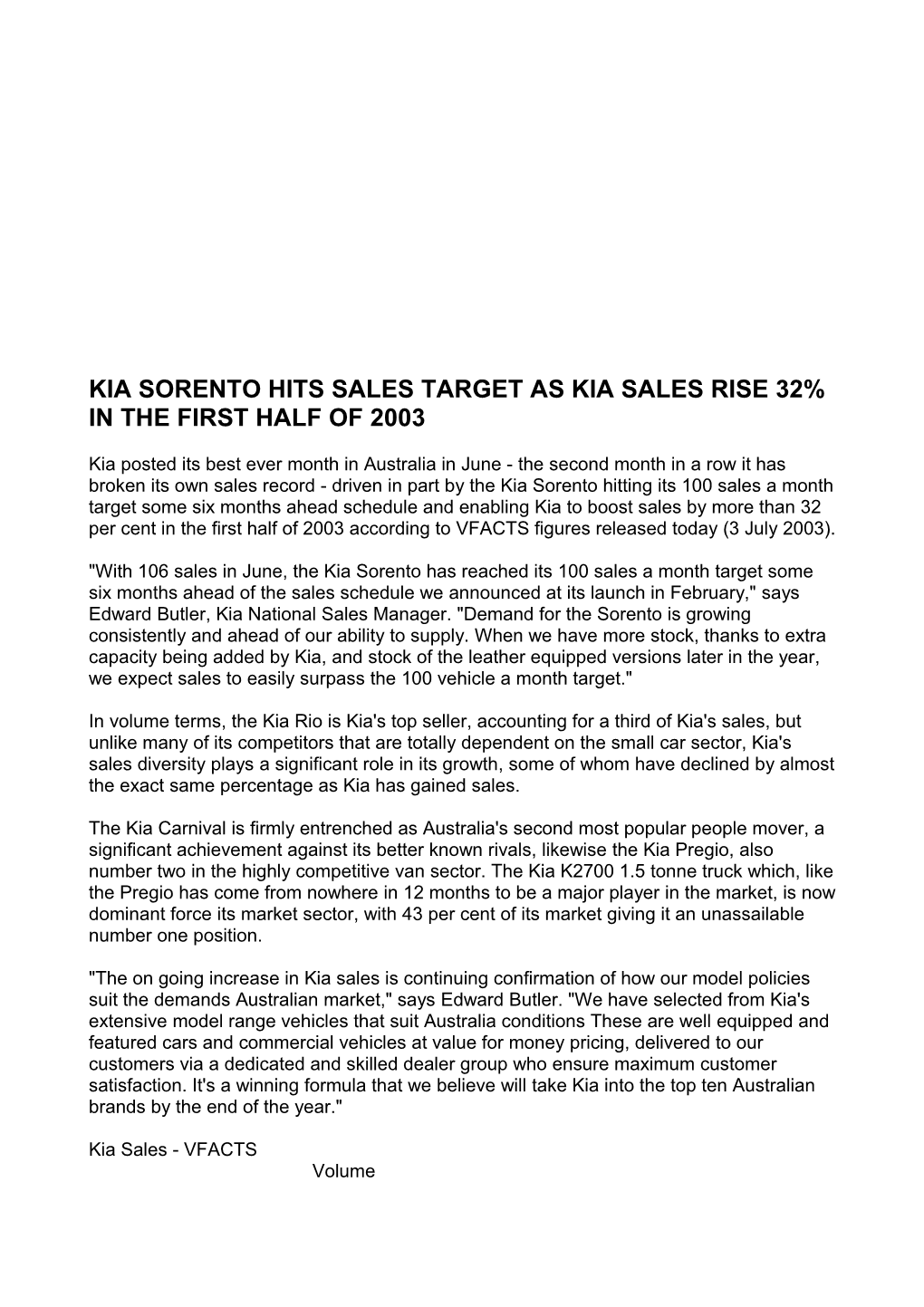 Kia Sorento Hits Sales Target As Kia Sales Rise 32% in the First Half of 2003