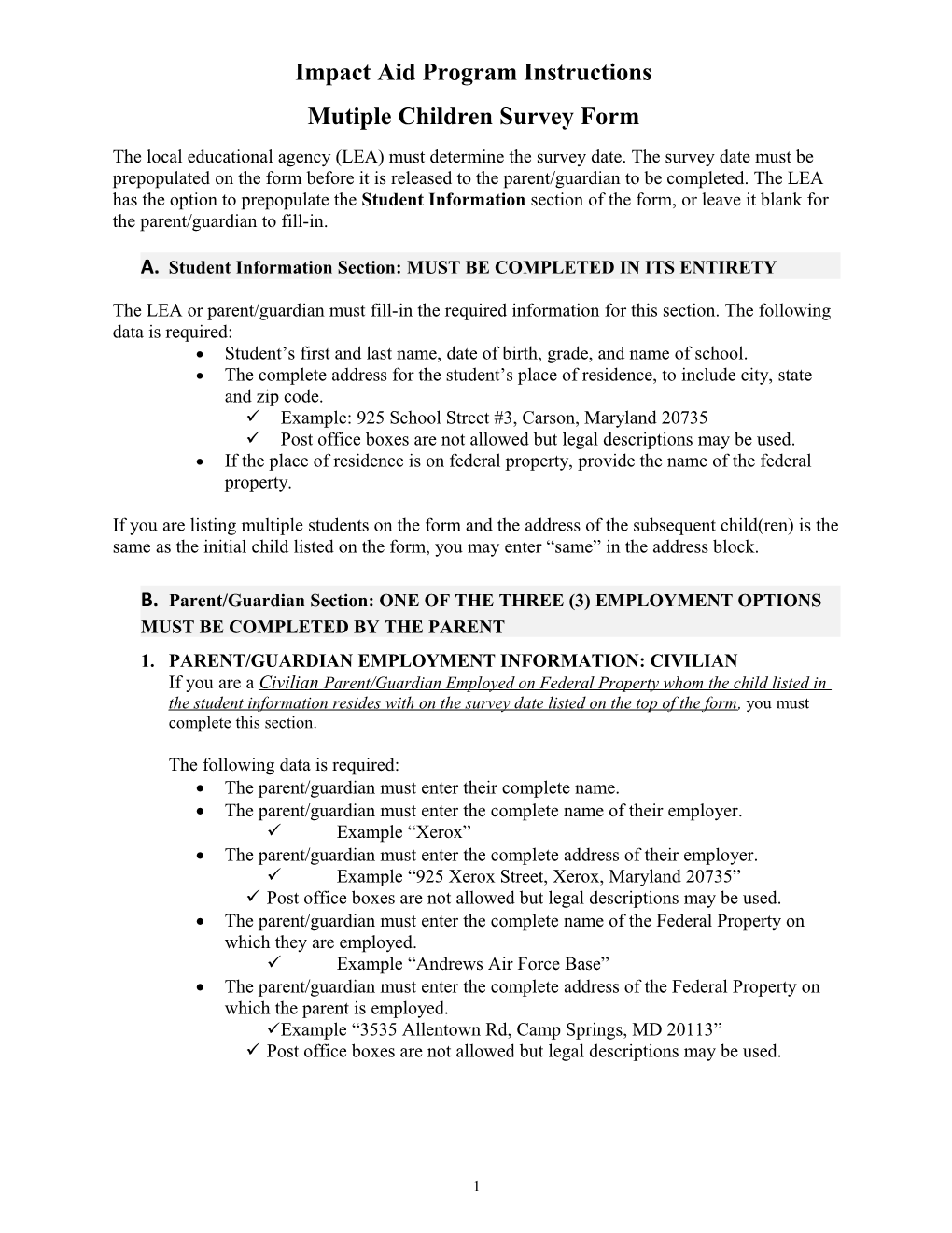 Impact Aid Program Section 8003 Sample Multiple Child Survey Form Instructions (MS WORD)