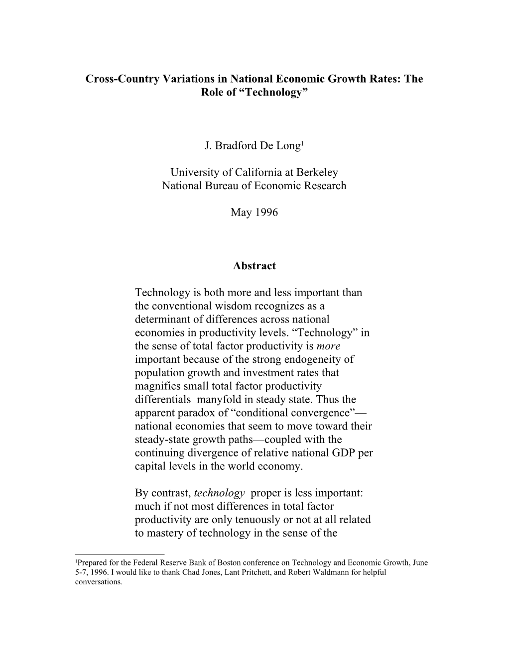 Cross-Country Variations in National Economic Growth Rates: the Role of Technology