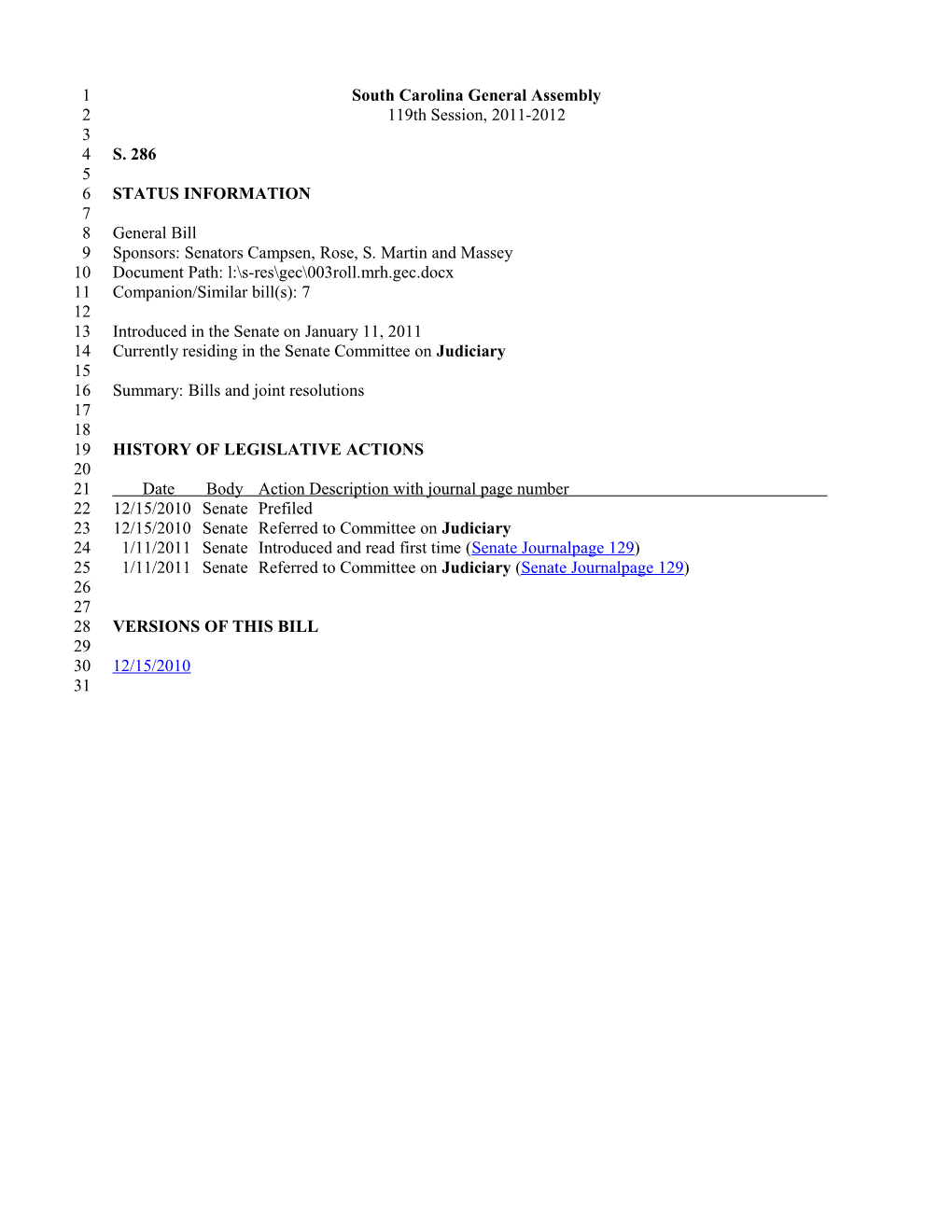 2011-2012 Bill 286: Bills and Joint Resolutions - South Carolina Legislature Online
