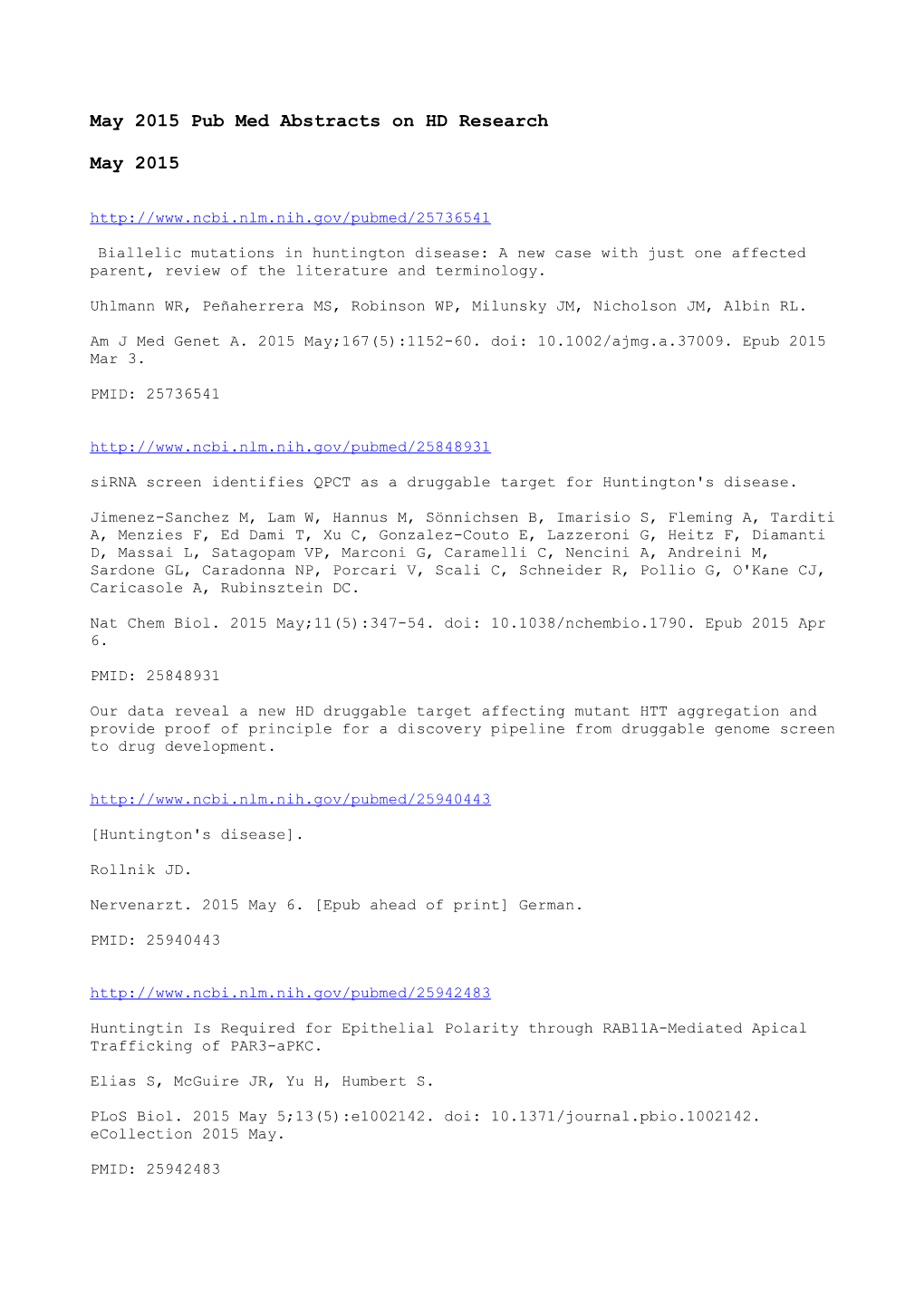 May 2015 Pub Med Abstracts on HD Research