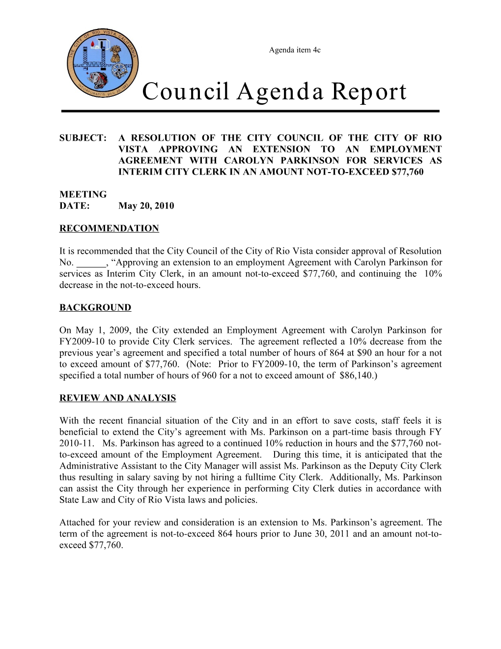 Subject: a Resolution of the City Council of the City of Rio Vista Approving an Extension