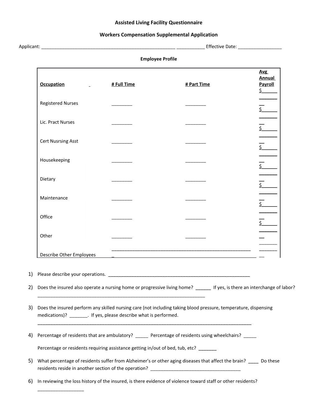 Assisted Living Facility Questionnaire