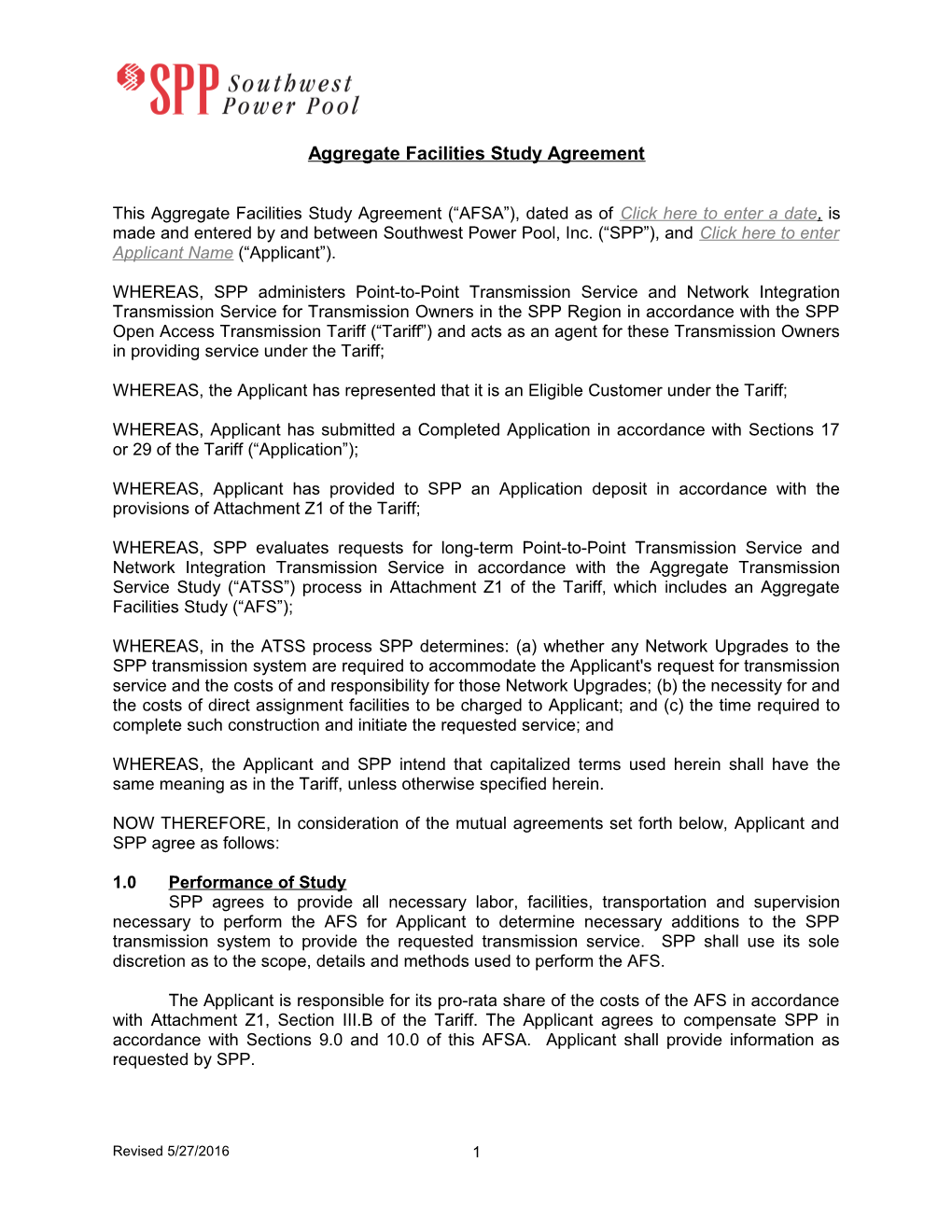 Aggregate Facilities Study Agreement