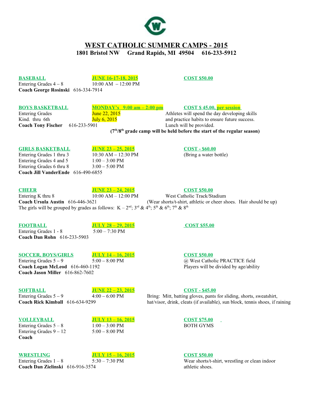 West Catholic Summer Camps - 2015