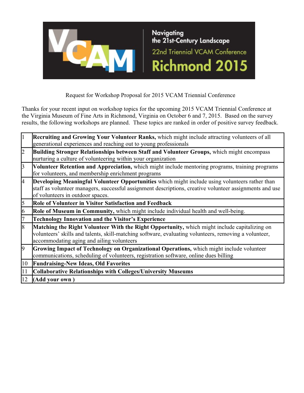Request for Workshop Proposal for 2015 VCAM Triennial Conference