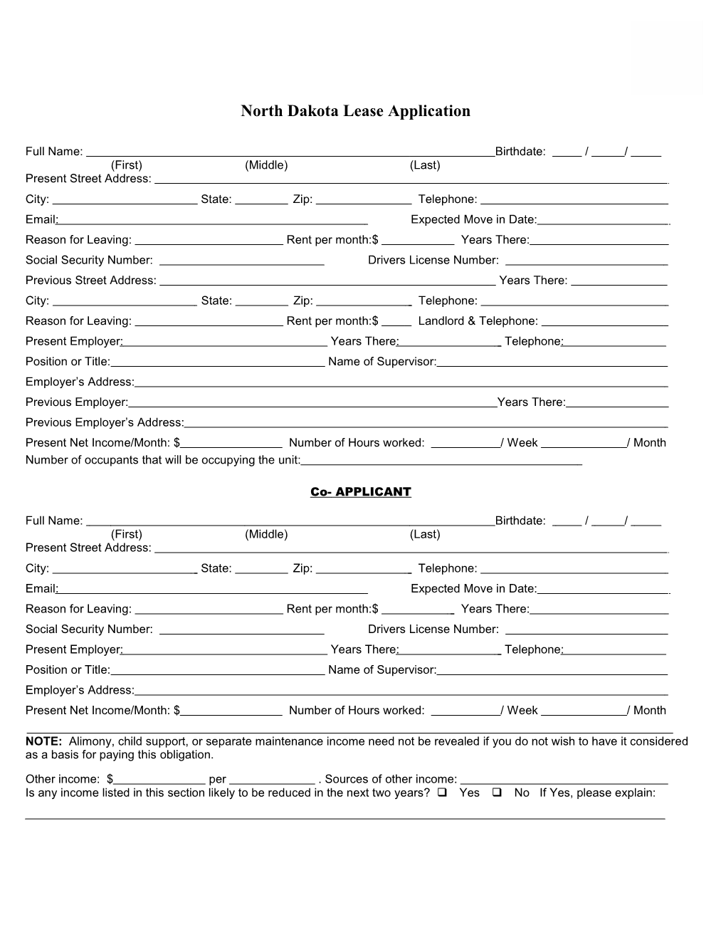 North Dakota Lease Application