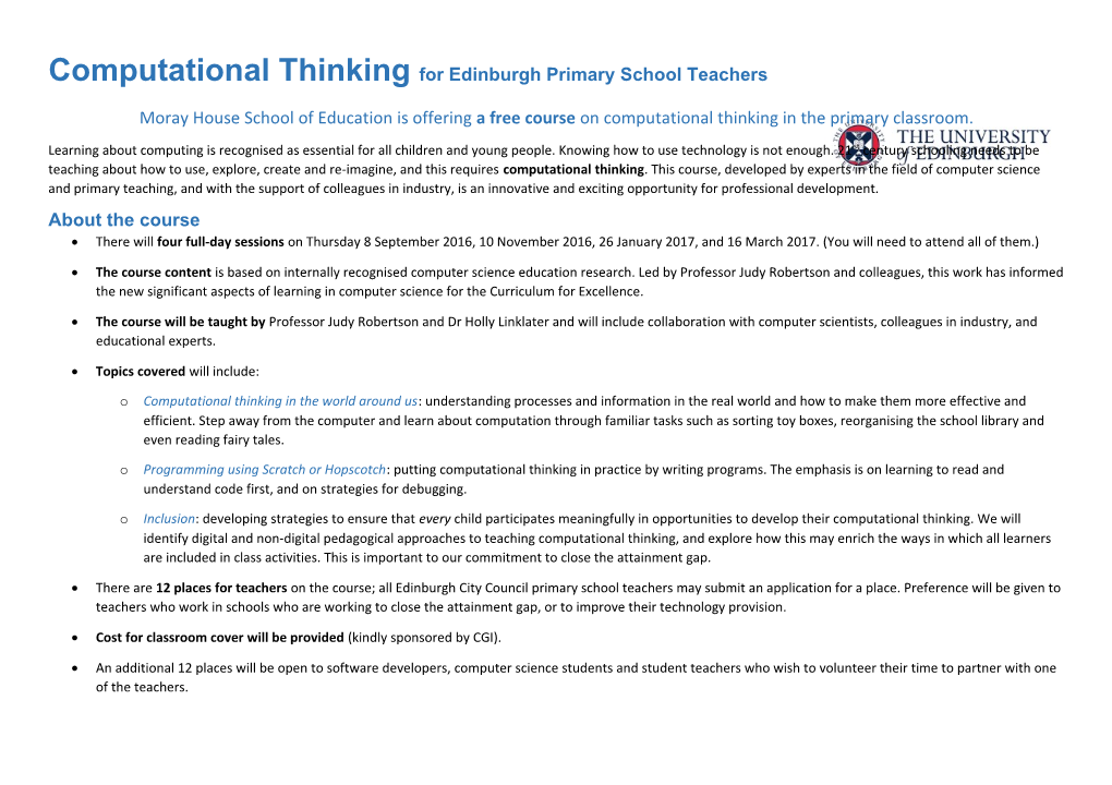 Computational Thinkingfor Edinburgh Primary School Teachers