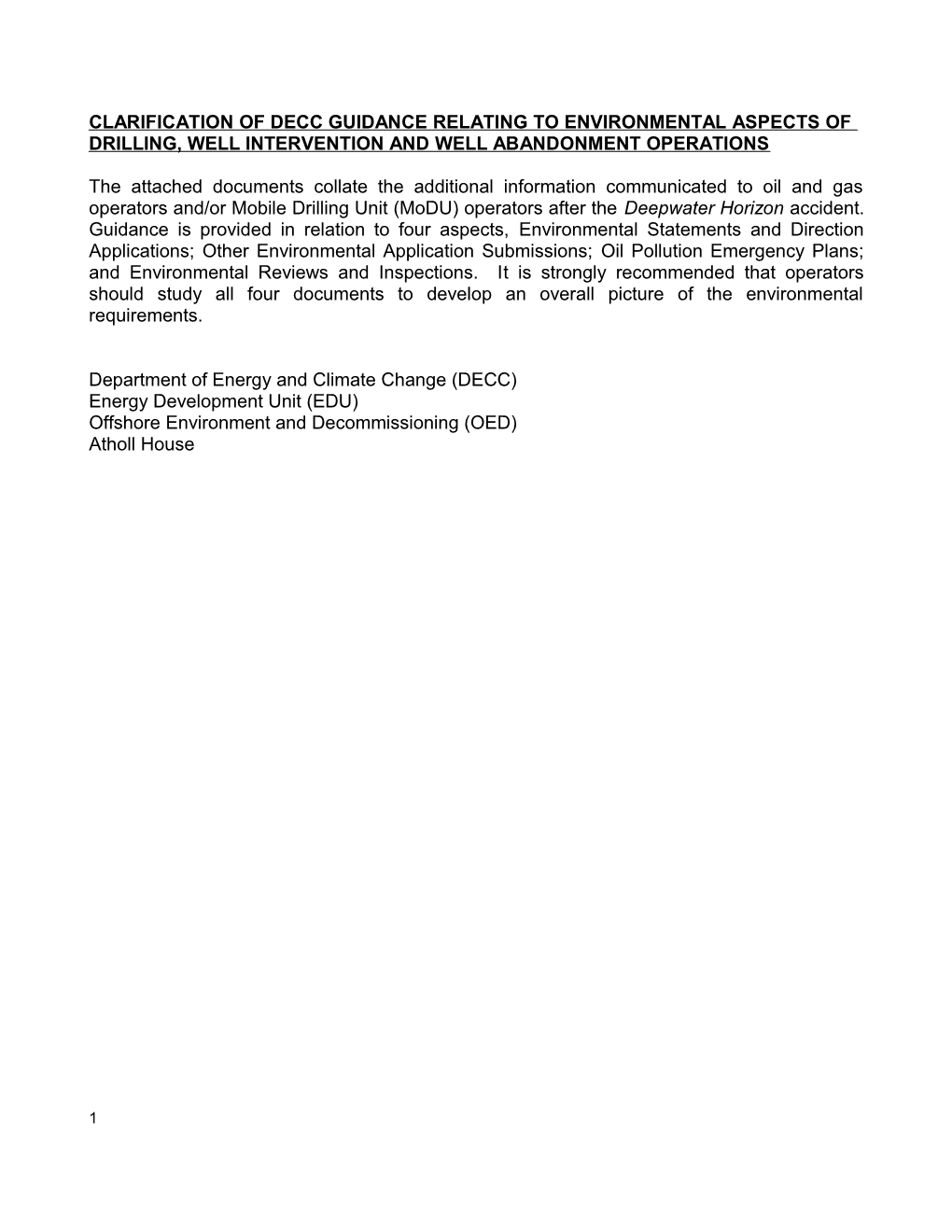 Clarification of Deccguidance Relating to Environmental Aspects of Drilling, Well Intervention