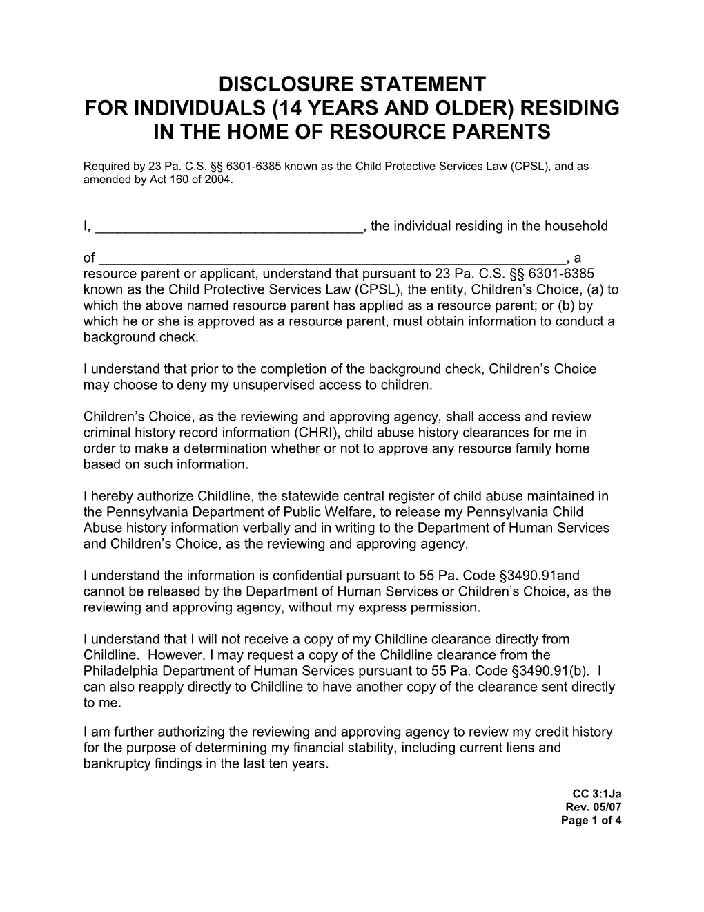 For Individuals (14 Years and Older) Residing in the Home of Resource Parents