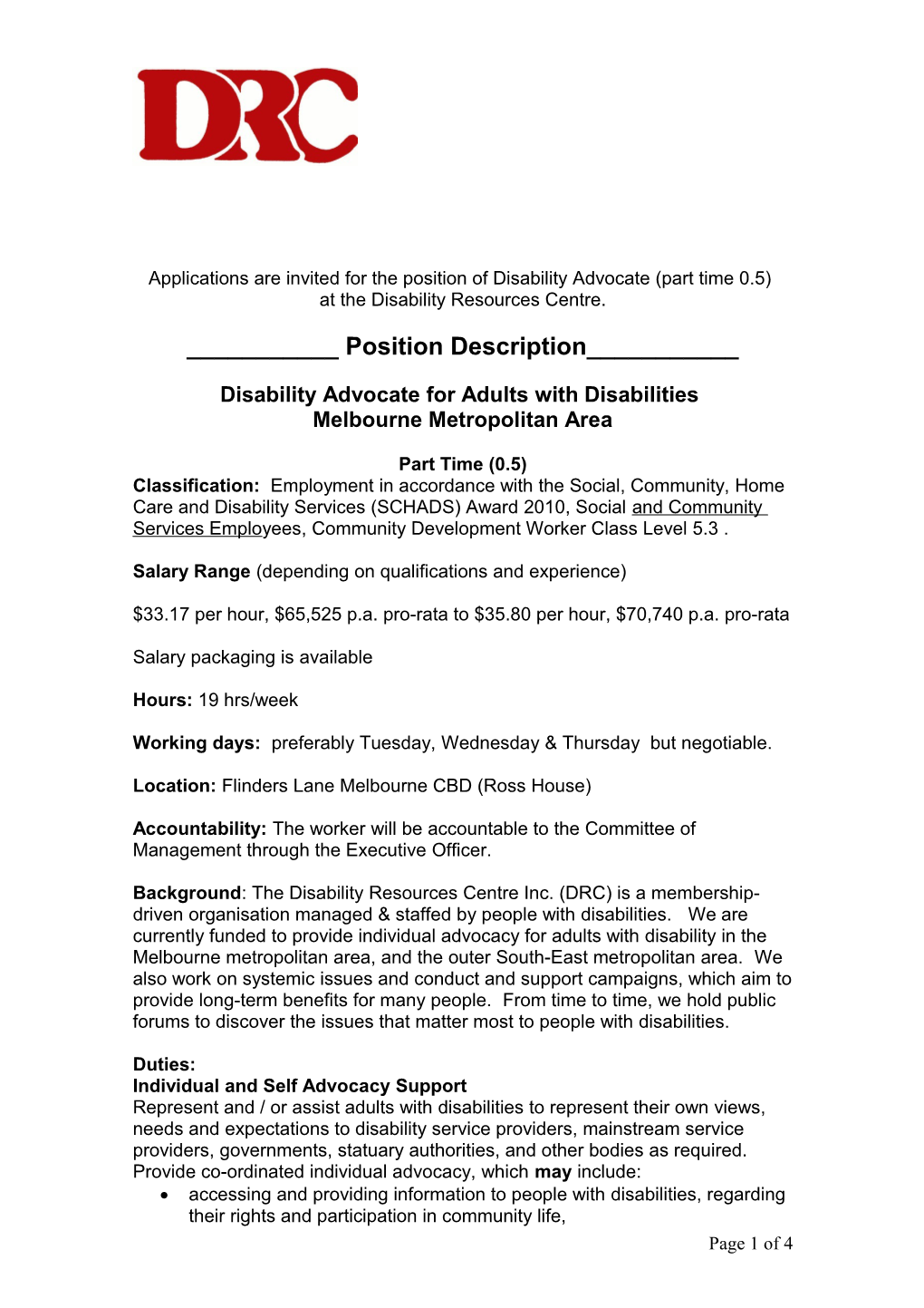 Applications Are Invited for the Position of Disability Advocate (Part Time 0.5)