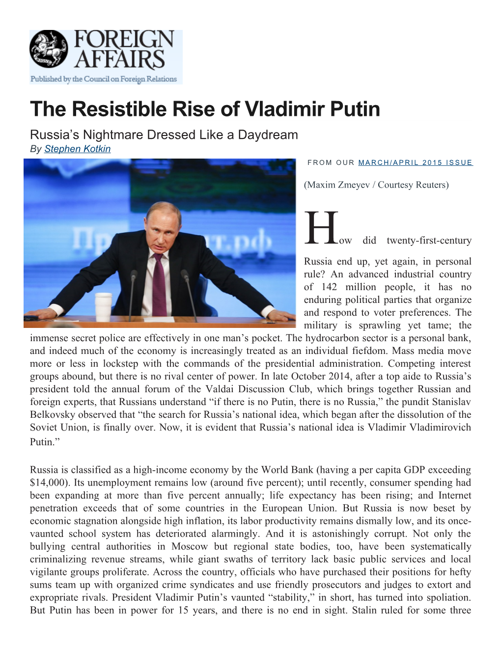 The Resistible Rise of Vladimir Putin