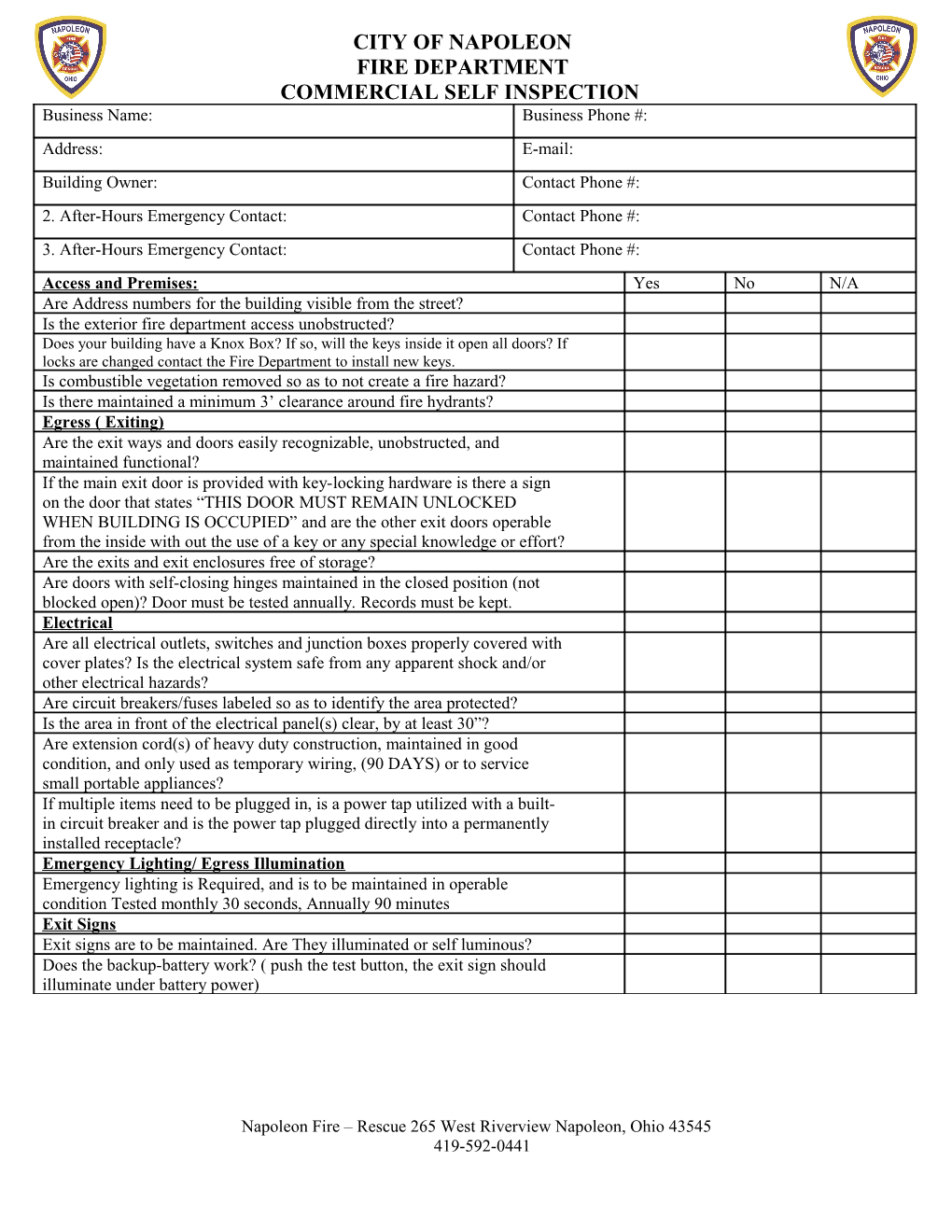 Self-Fire Inspection Form