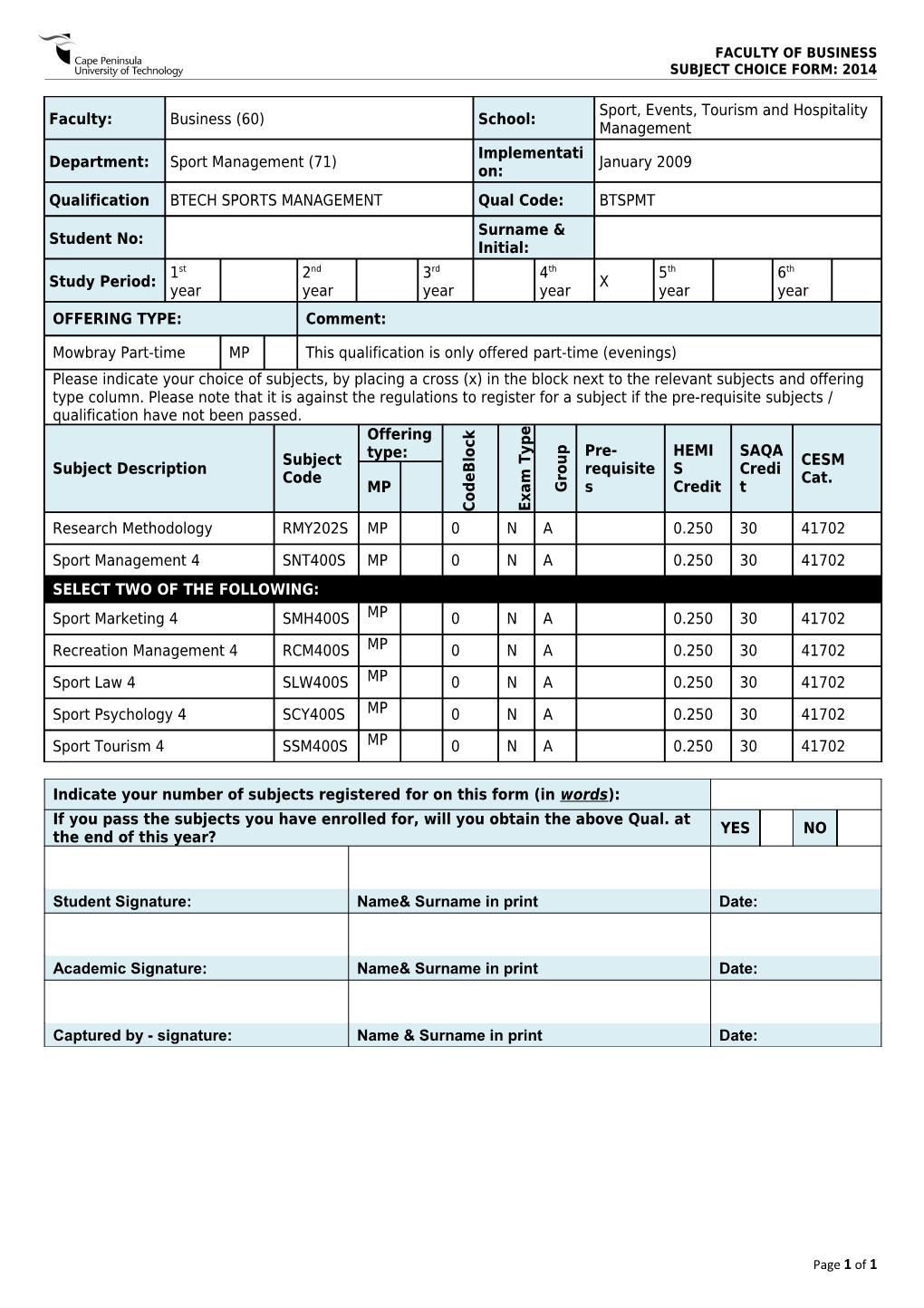 Subject Choice Form: 2014