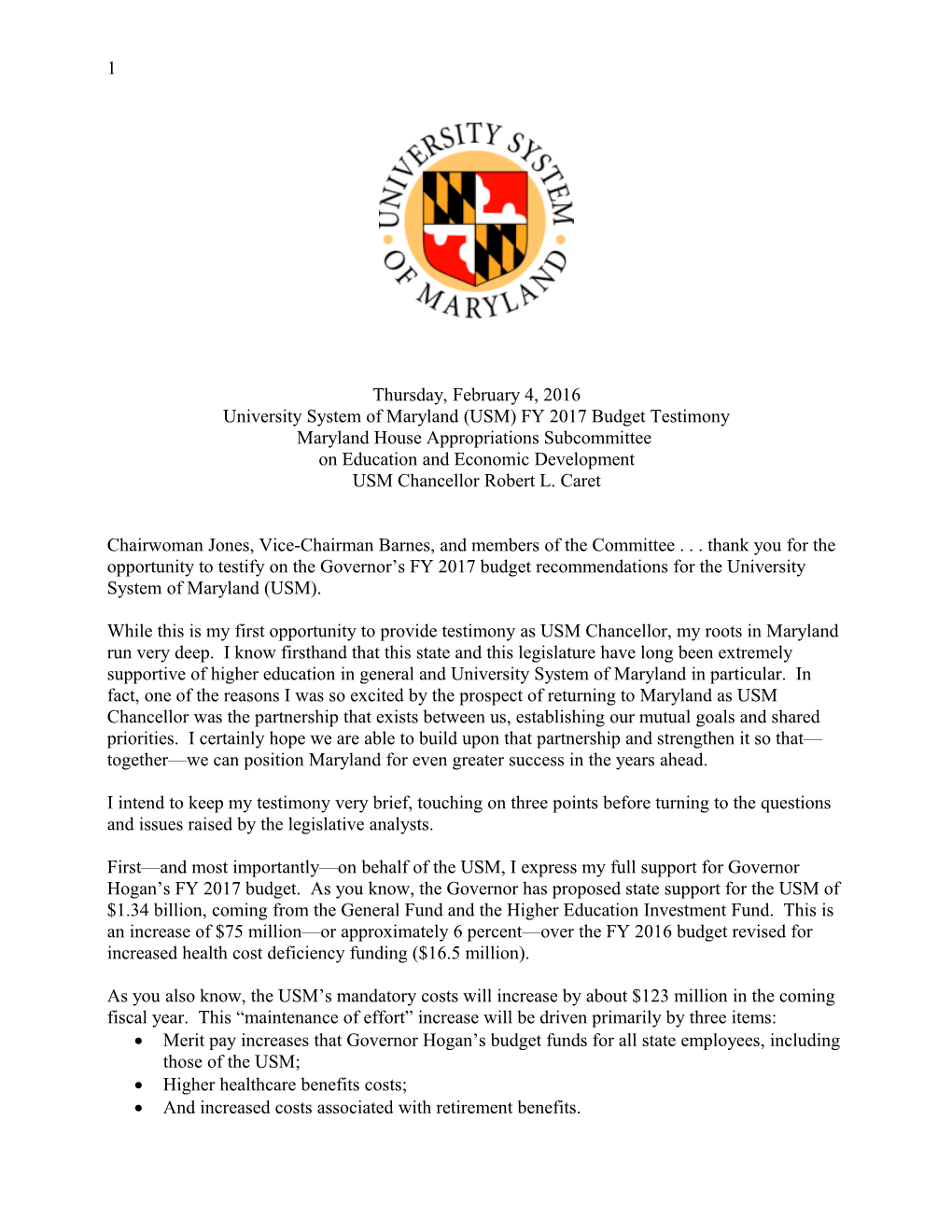 University System of Maryland (USM) FY 2017 Budget Testimony