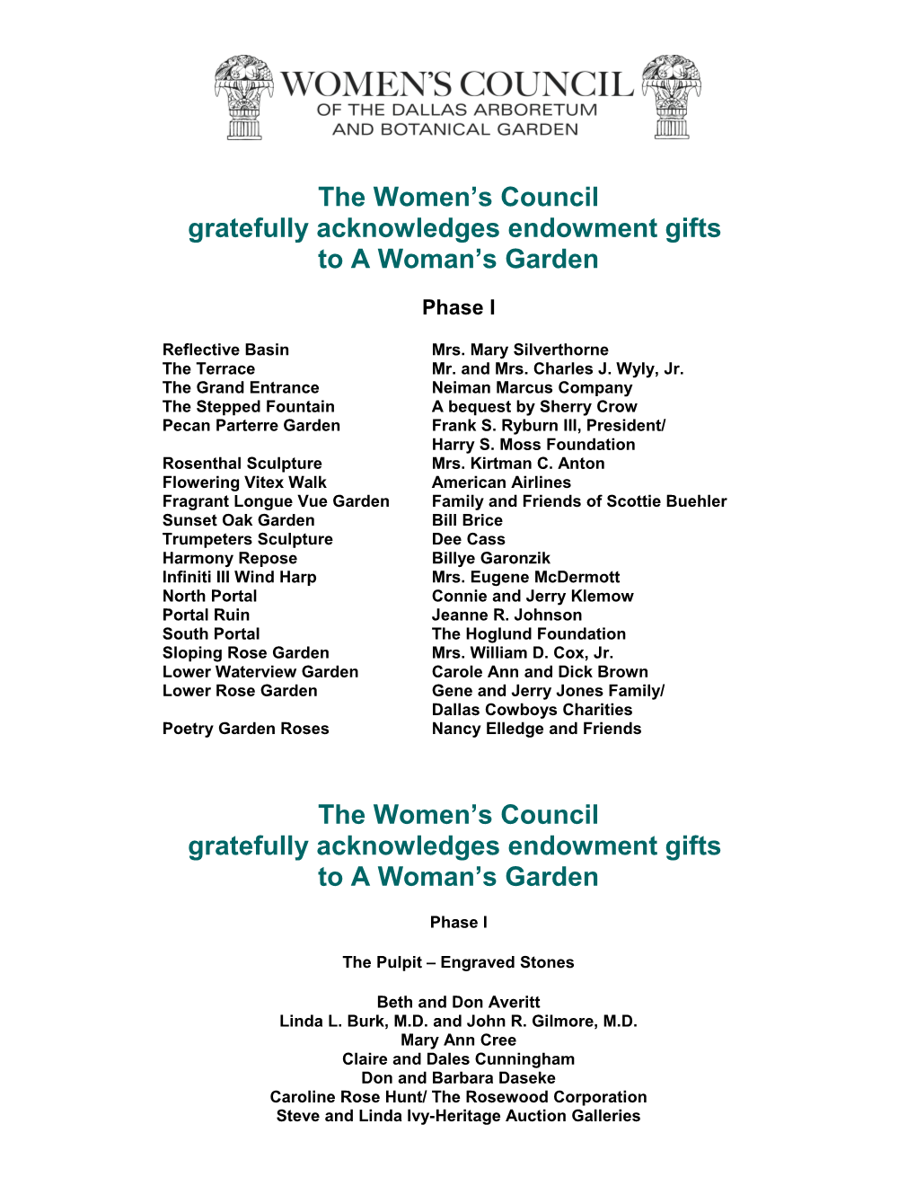 The Women S Council Gratefully Acknowledges Endowment Gifts to a Woman S Garden