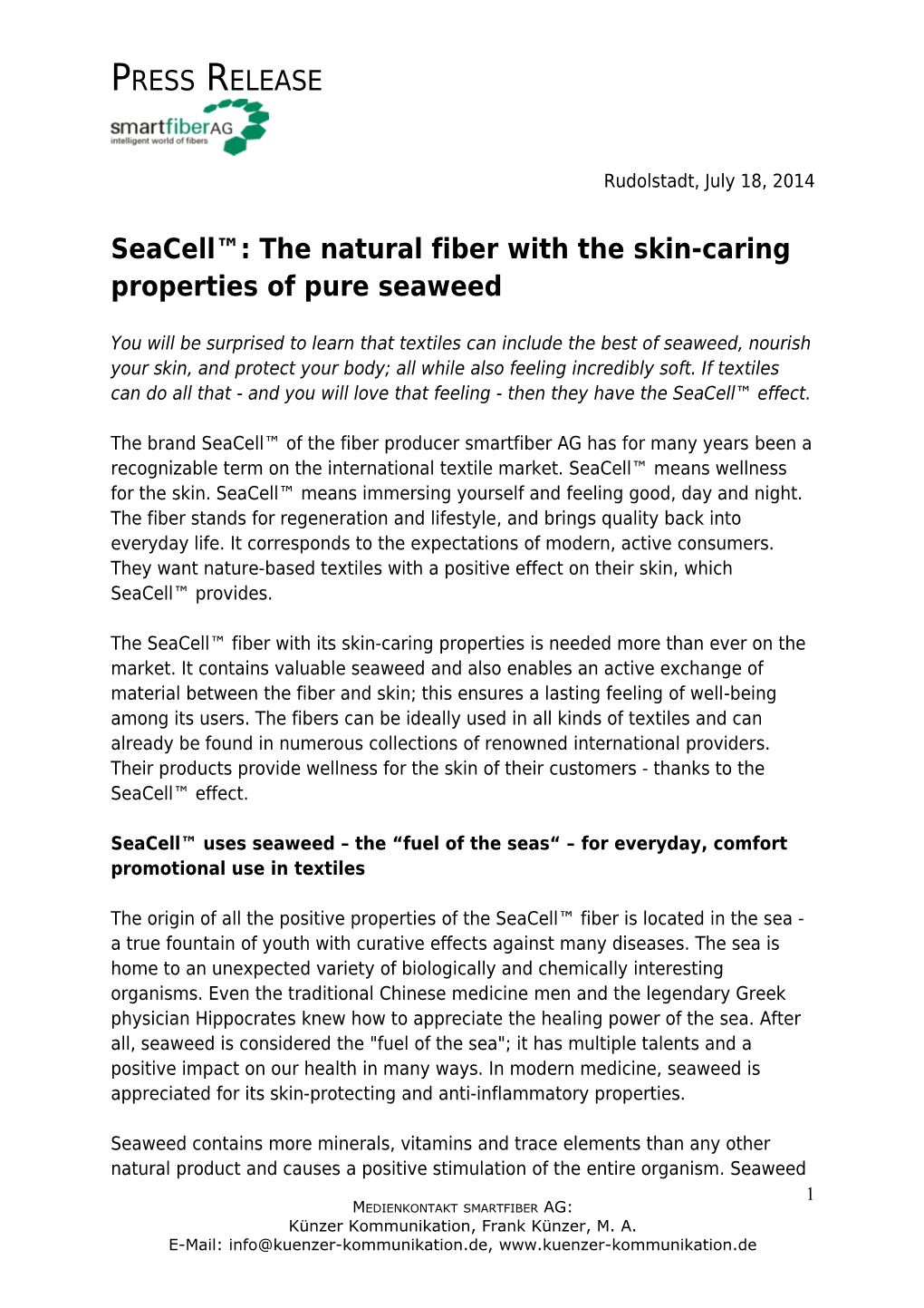 Seacell : the Natural Fiber with the Skin-Caring Properties of Pure Seaweed