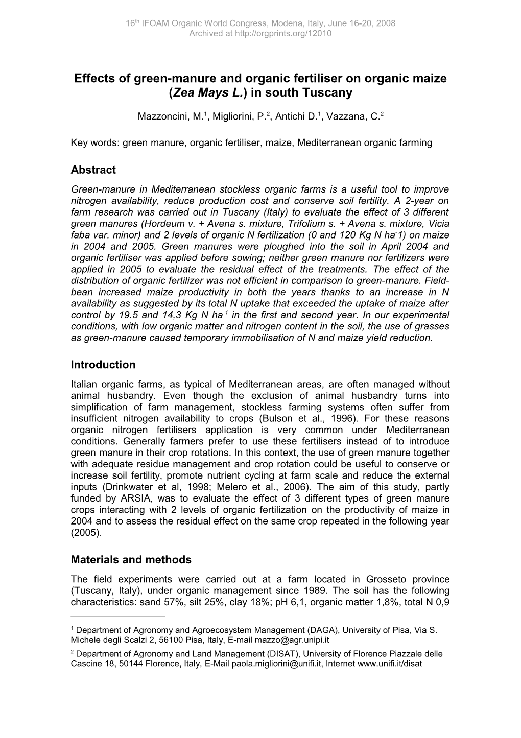 Effects of Green-Manure and Organic Fertiliser on Organic Maize (Zea Mays L.) in South Tuscany