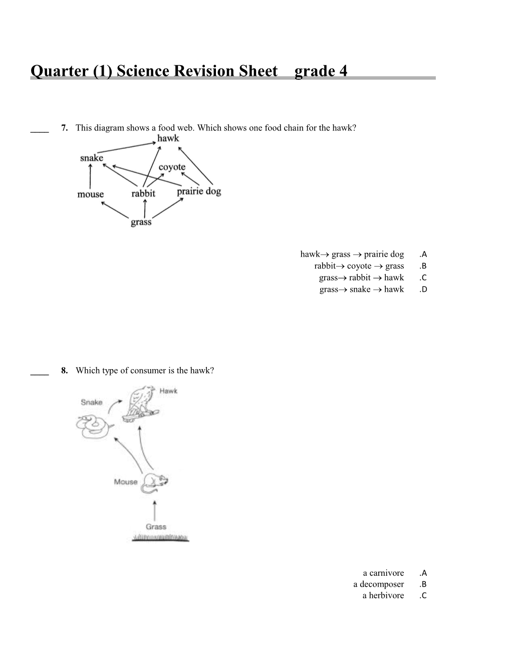 Quarter (1) Science Revision Sheet Grade 4