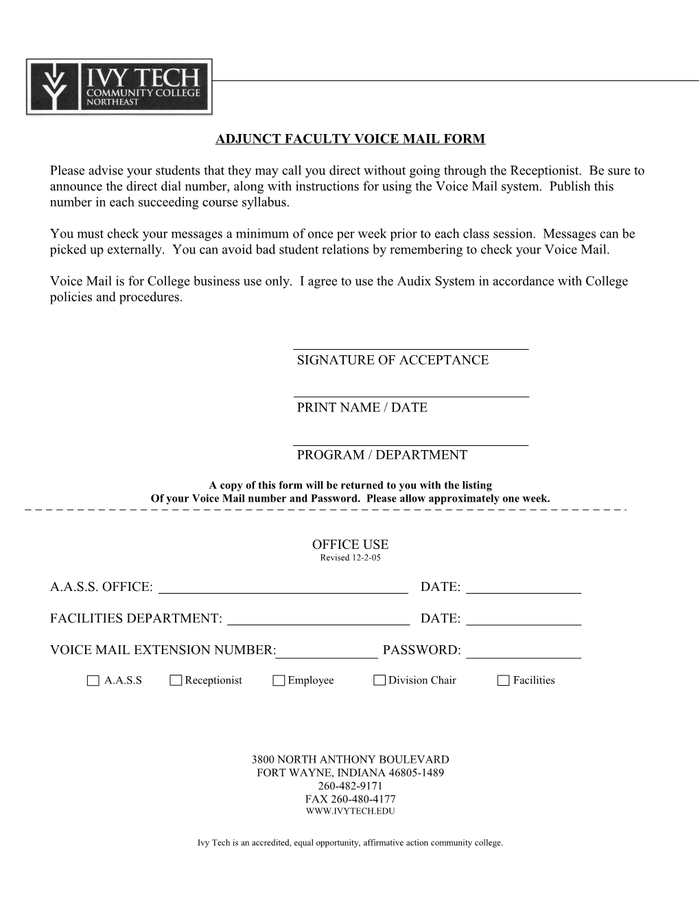 Adjunct Faculty Voice Mail Form