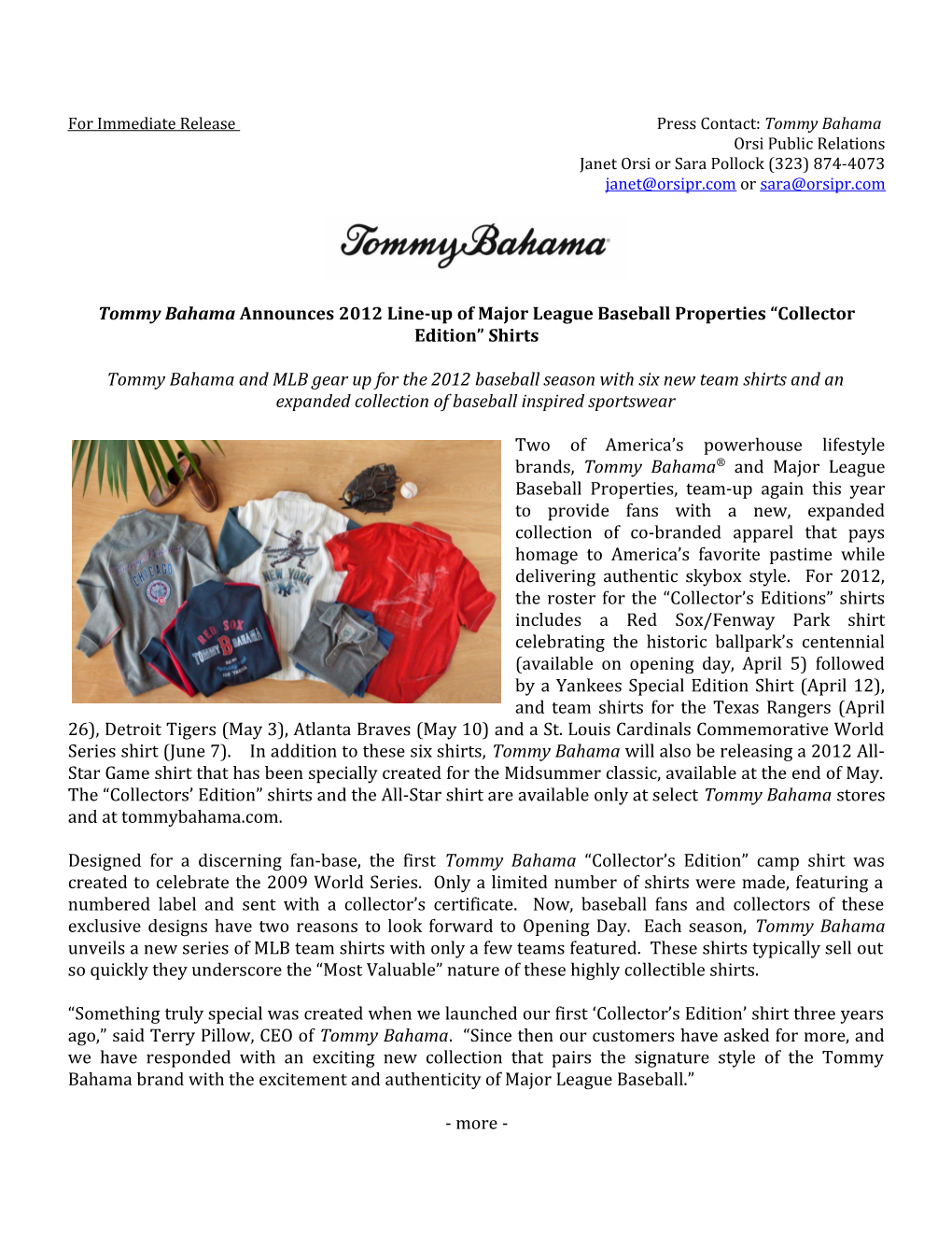For Immediate Release Press Contact: Tommy Bahama