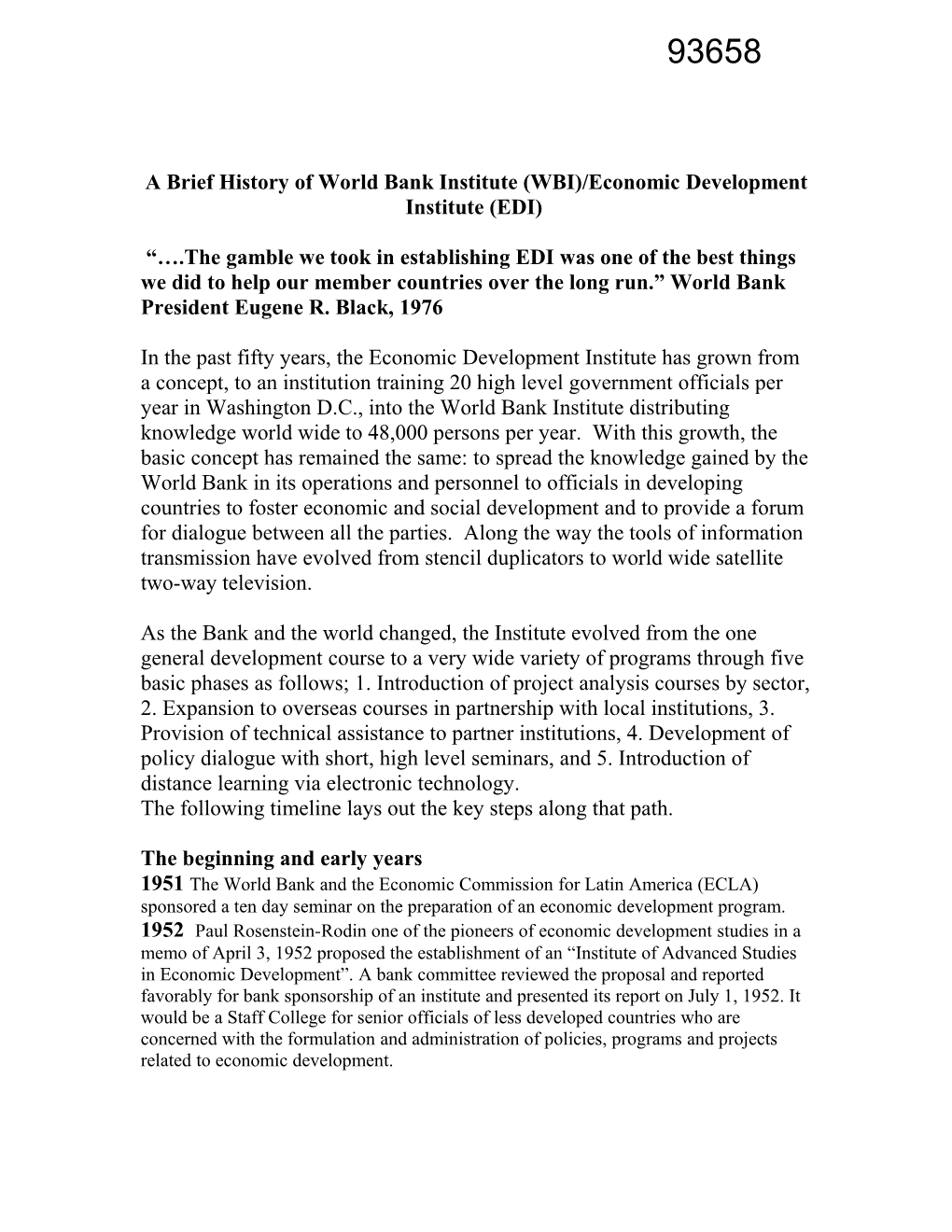 A Brief History of World Bank Institute (WBI)/Economic Development Institute (EDI)