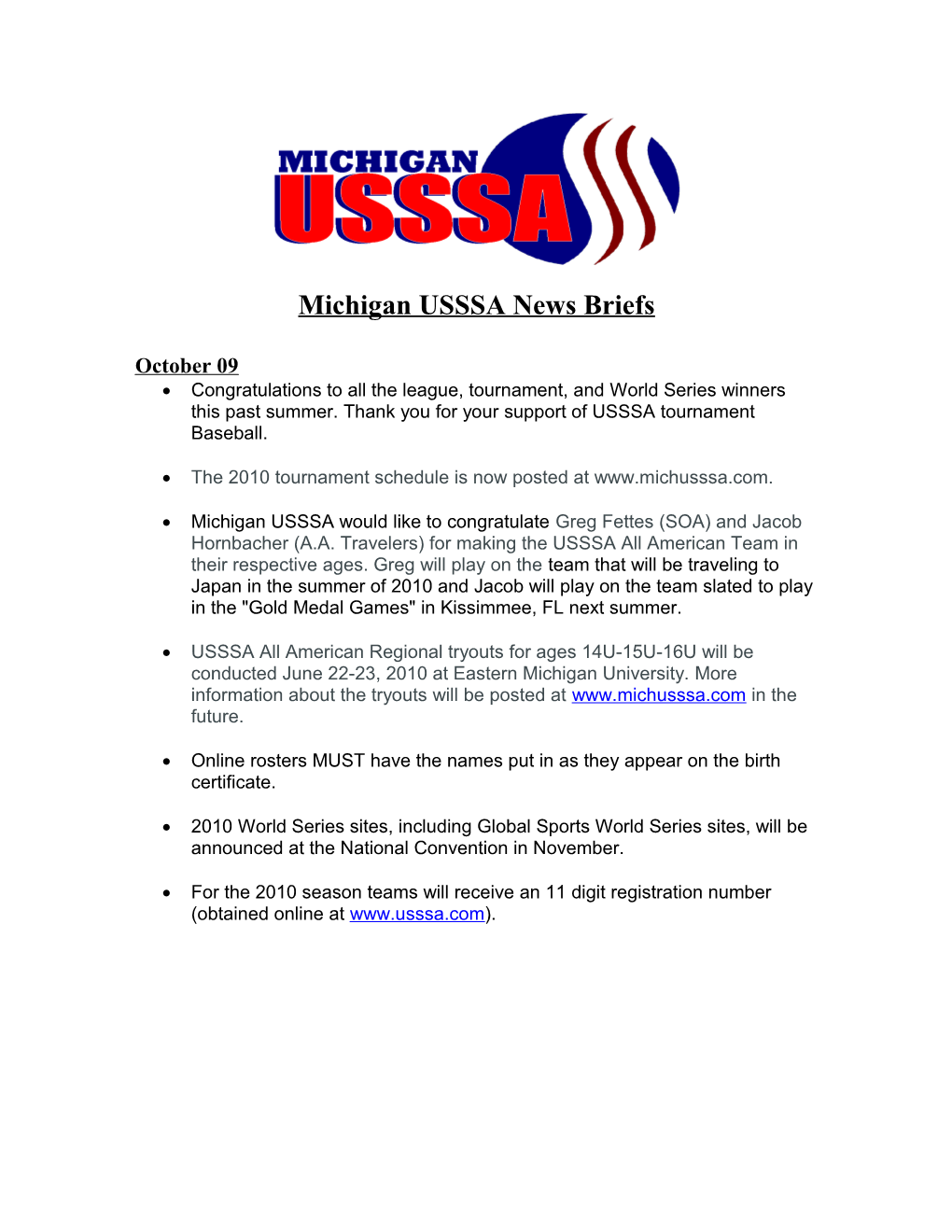 Michigan USSSA News Briefs