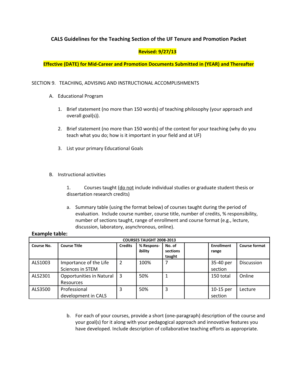 CALS Guidelines for the Teaching Section of the UF Tenure and Promotion Packet