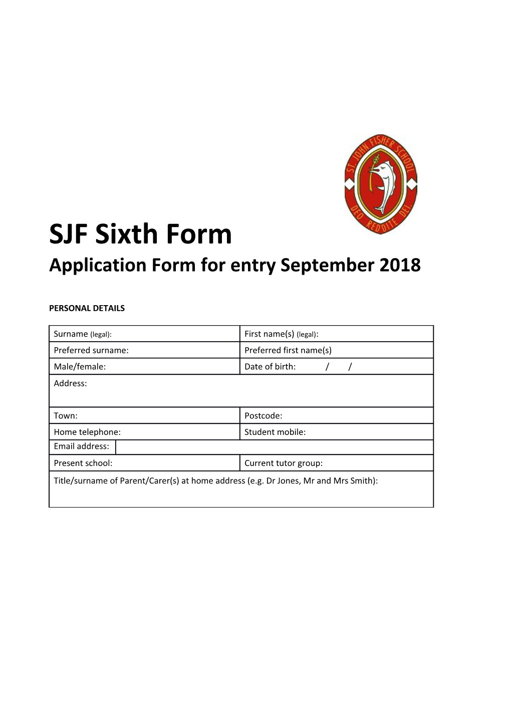 Application Form for Entry September 2018