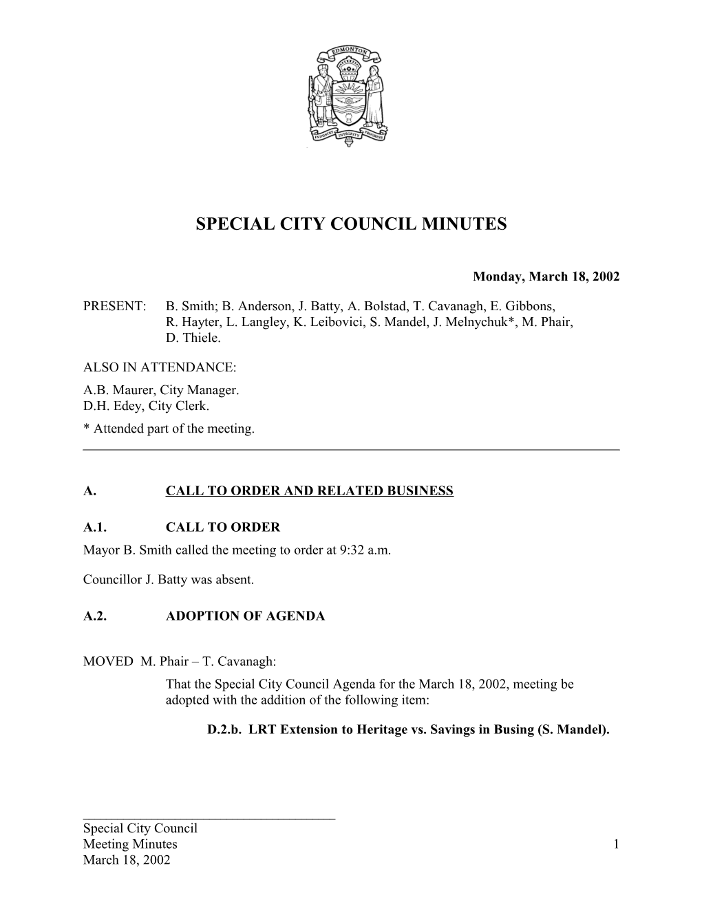 Minutes for City Council March 18, 2002 Meeting