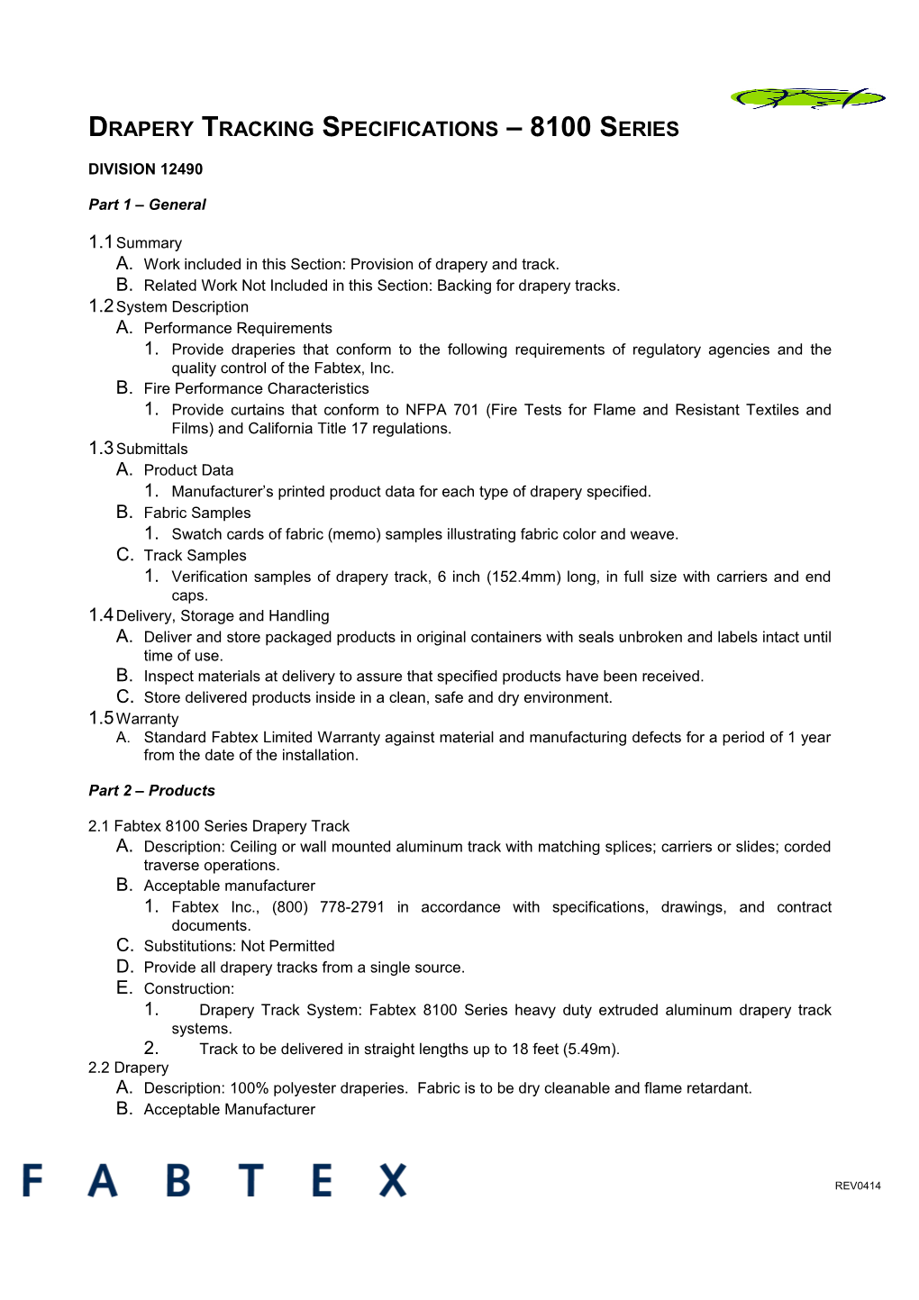 Drapery Tracking Specifications 8100 Series