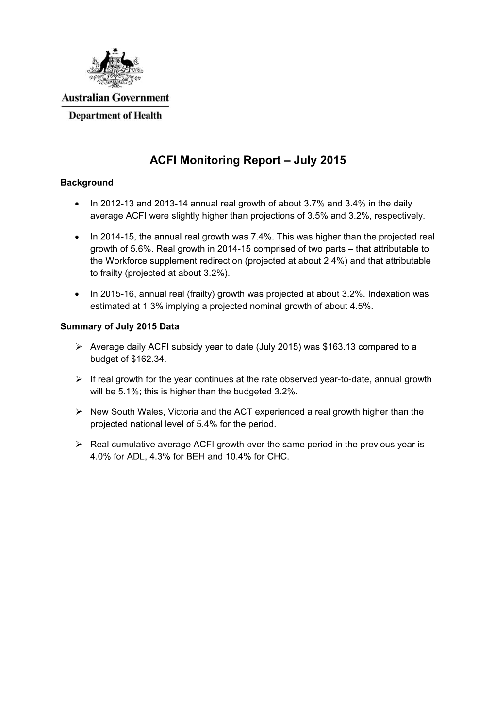 ACFI Monitoring Report July 2015