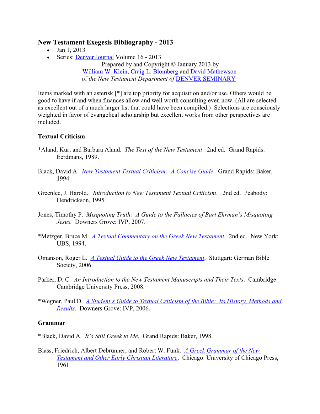 New Testament Exegesis Bibliography - 2013