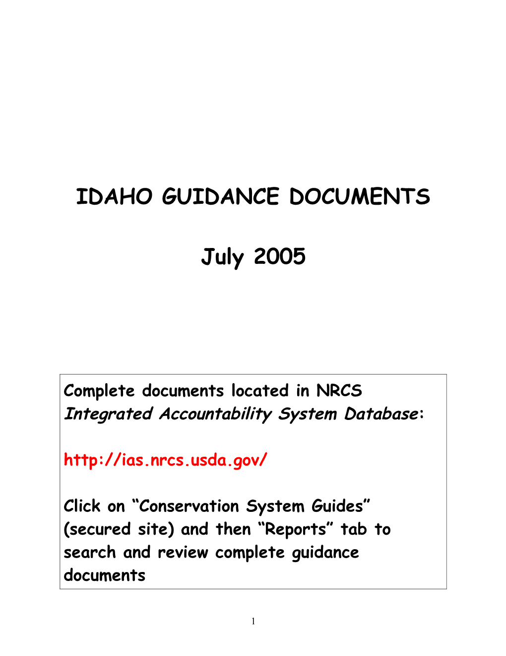 Idaho Guidance Documents