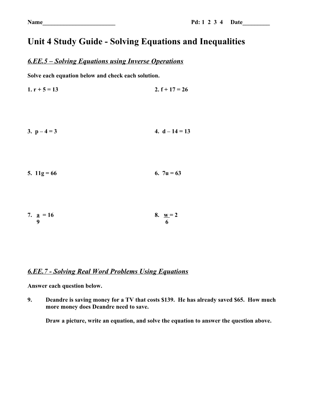 Unit 4 Study Guide - Solving Equations and Inequalities