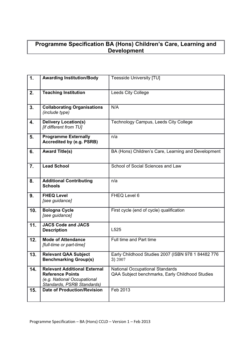 Programme Specification BA (Hons) CCLD Version 1 Feb 2013