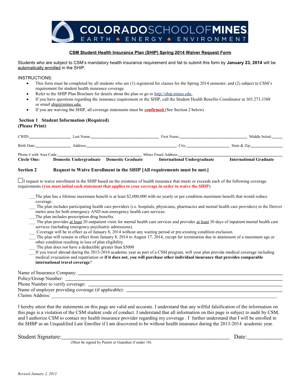 CSM Student Health Insurance Plan (SHIP) Spring 2014 Waiver Request Form